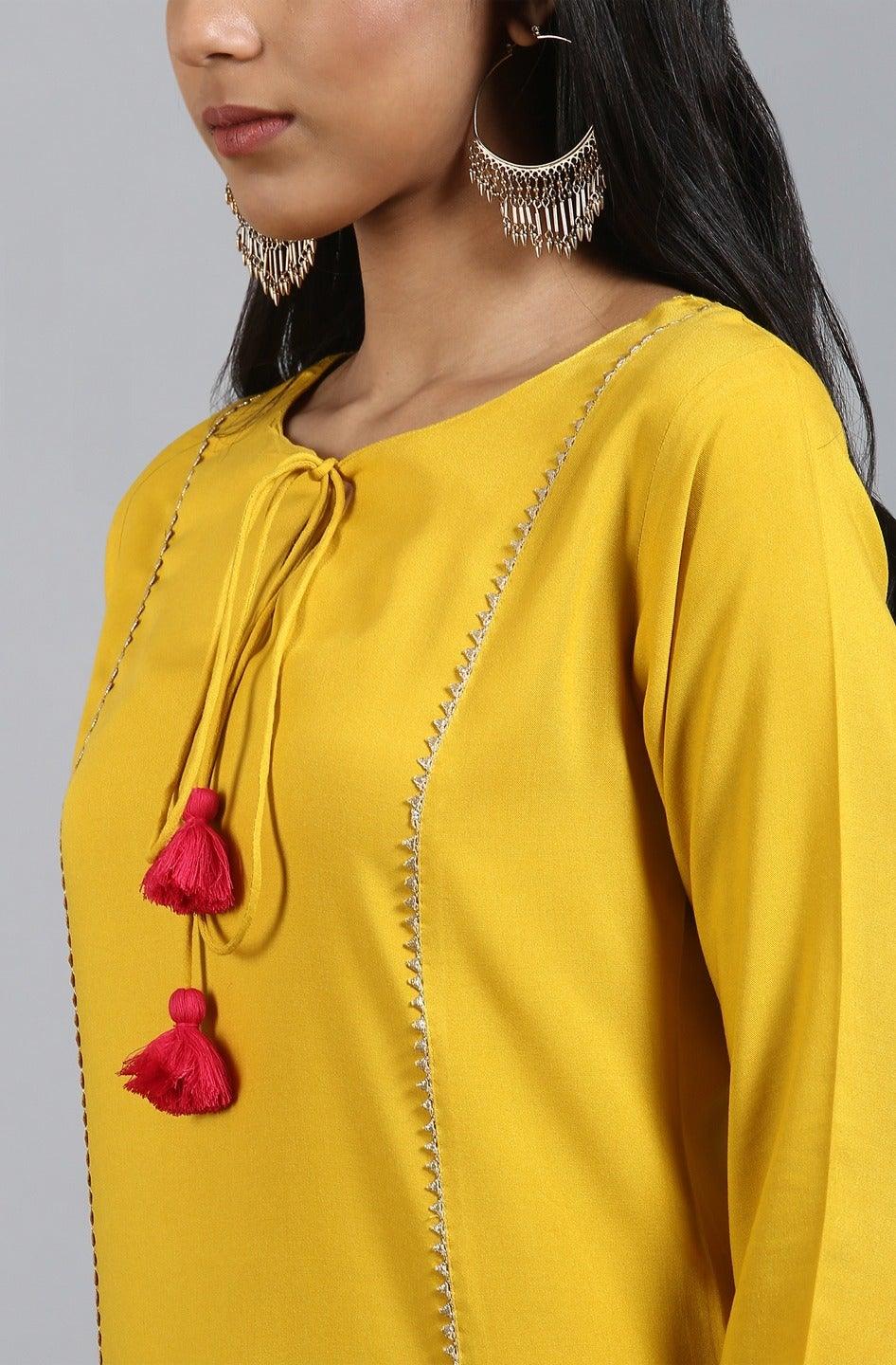 Mustard Rayon Solid Kurta with Pant and Dupatta