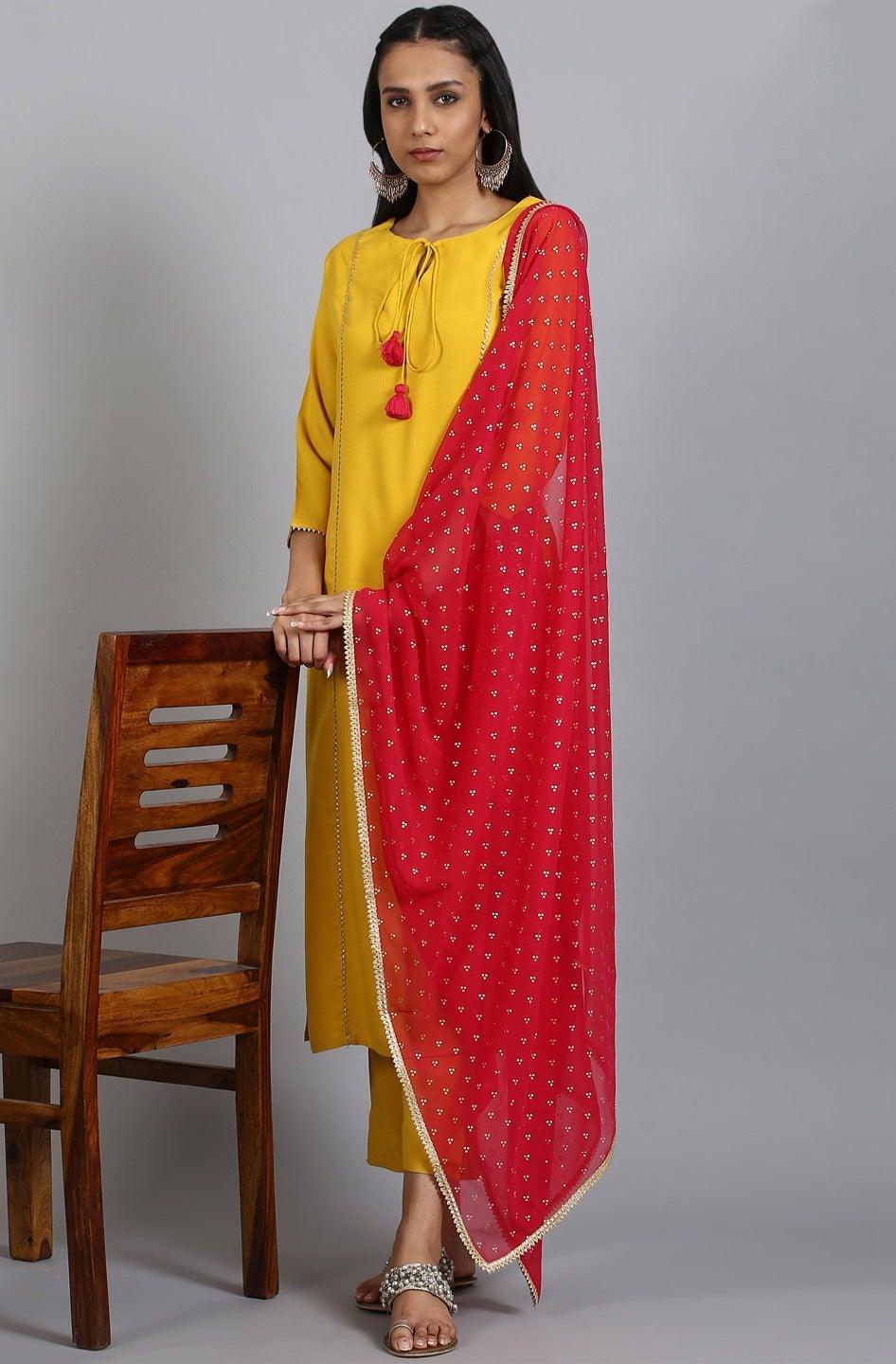 Mustard Rayon Solid Kurta with Pant and Dupatta