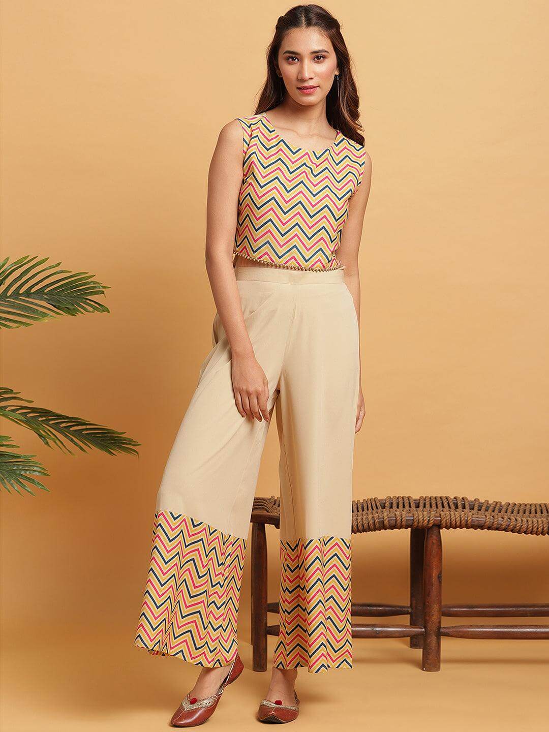 Cream Poly Crepe Chevron/Zig Zag Crop Top with Palazzo and Jacket