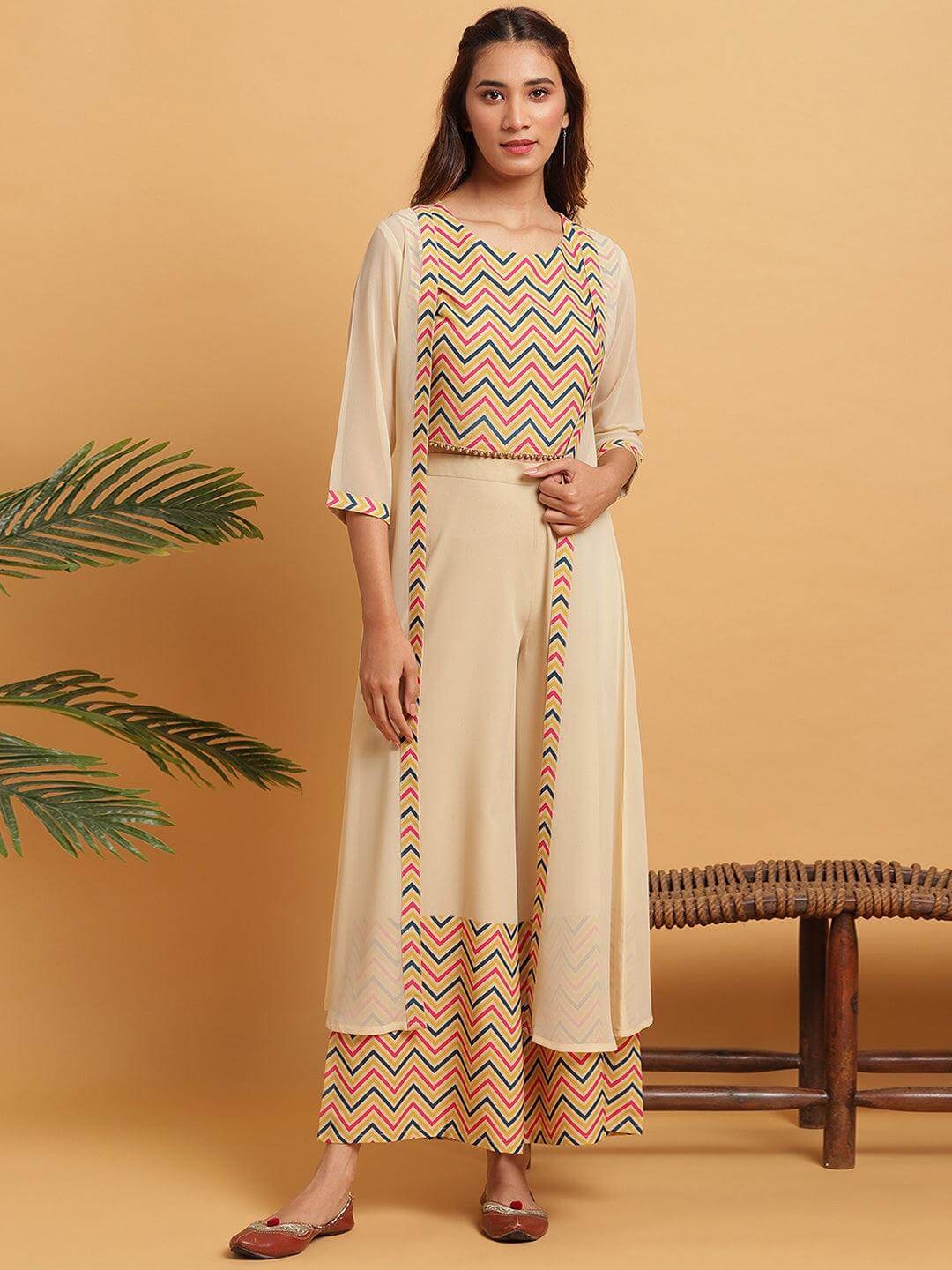 Cream Poly Crepe Chevron/Zig Zag Crop Top with Palazzo and Jacket