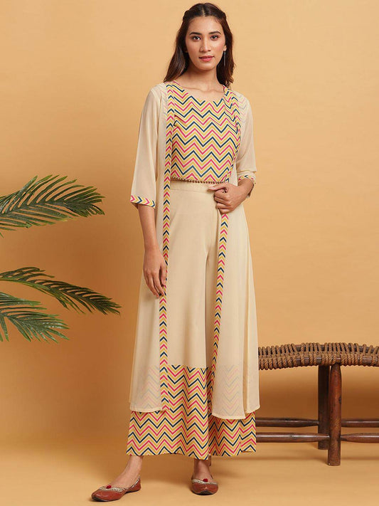 Cream Poly Crepe Chevron/Zig Zag Crop Top with Palazzo and Jacket