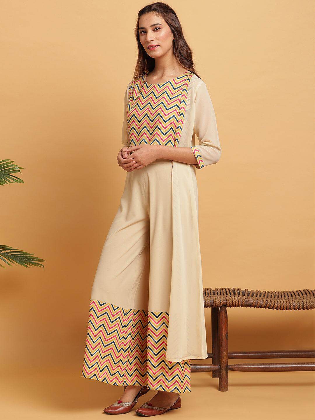 Cream Poly Crepe Chevron/Zig Zag Crop Top with Palazzo and Jacket