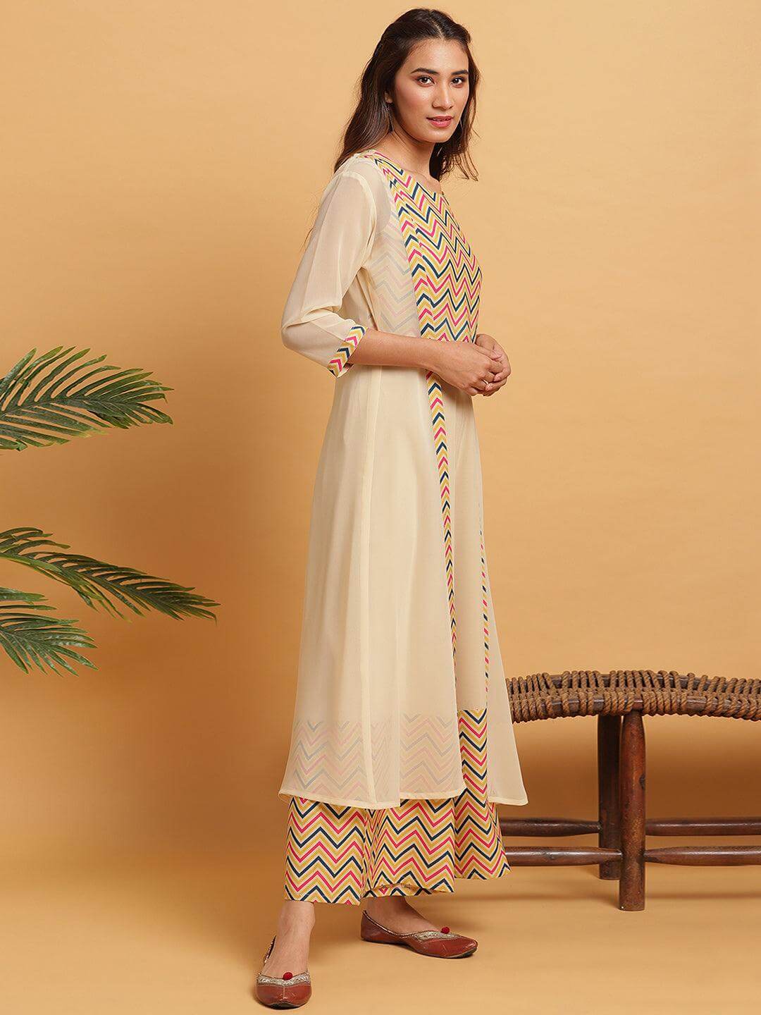 Cream Poly Crepe Chevron/Zig Zag Crop Top with Palazzo and Jacket