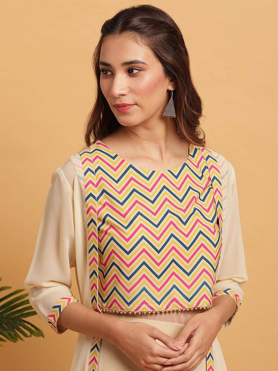 Cream Poly Crepe Chevron/Zig Zag Crop Top with Palazzo and Jacket