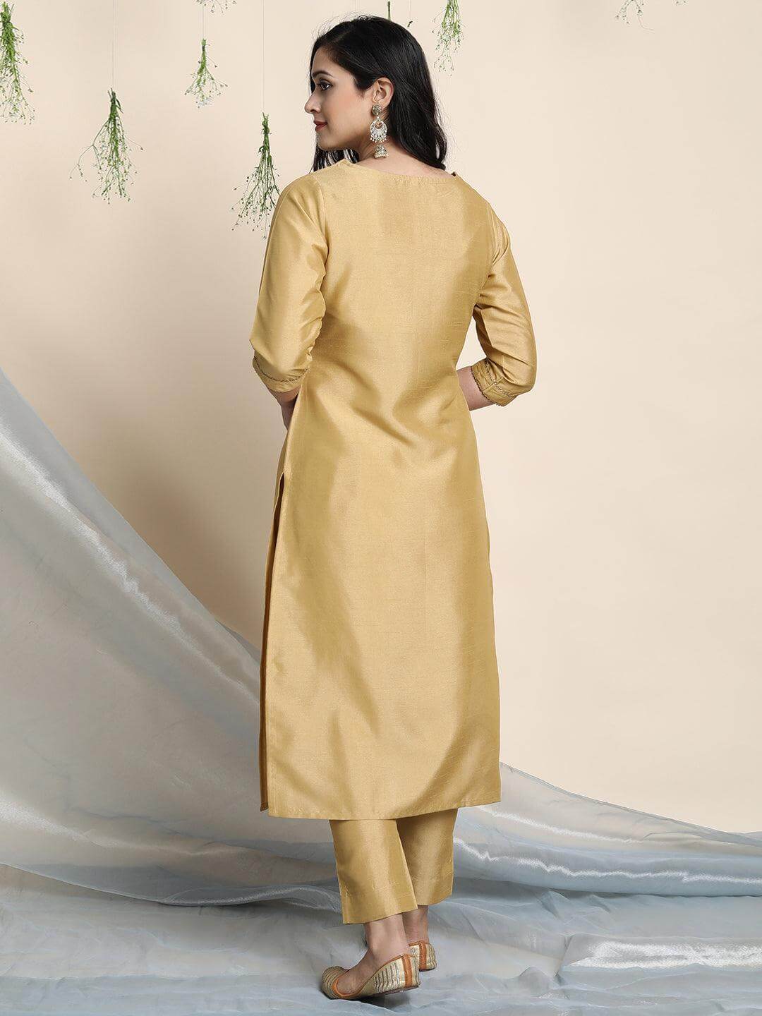 Gold Poly Silk Solid Kurta with Pant and Dupatta