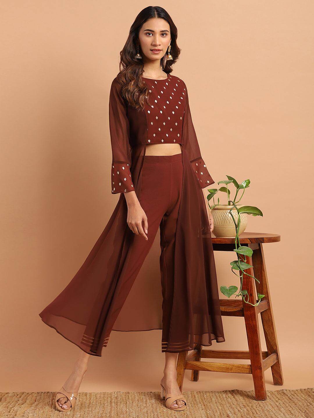 Brown Georgette Ethnic Motifs Top with Pant