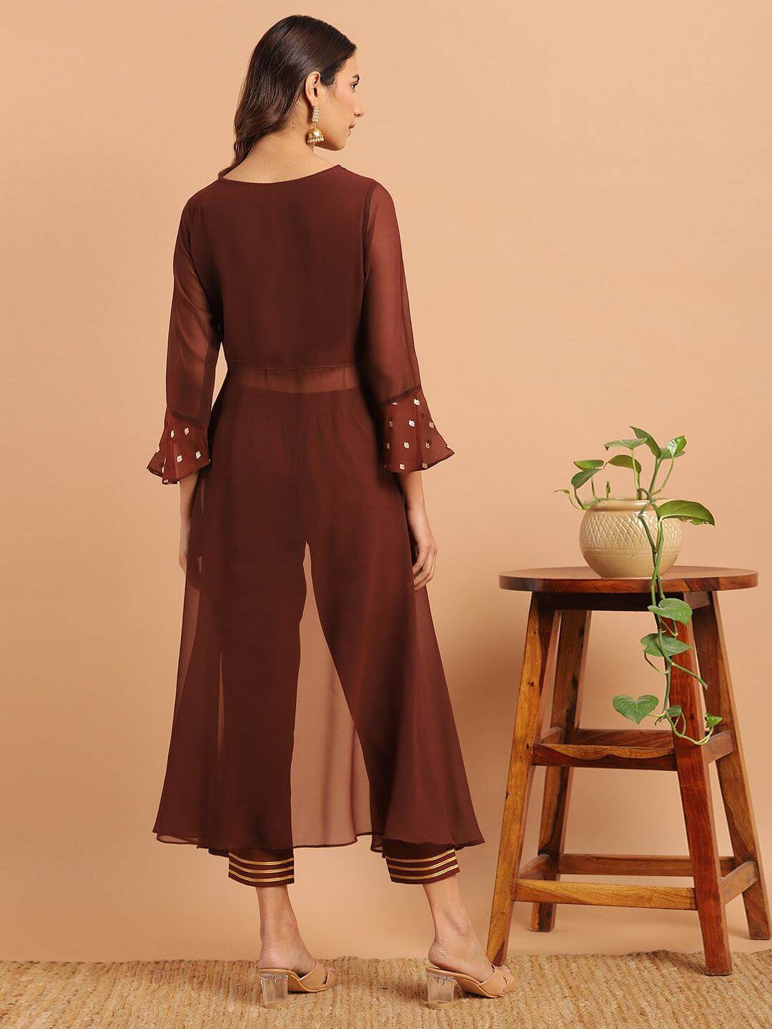 Brown Georgette Ethnic Motifs Top with Pant