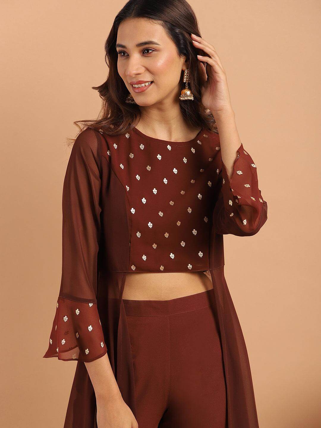 Brown Georgette Ethnic Motifs Top with Pant