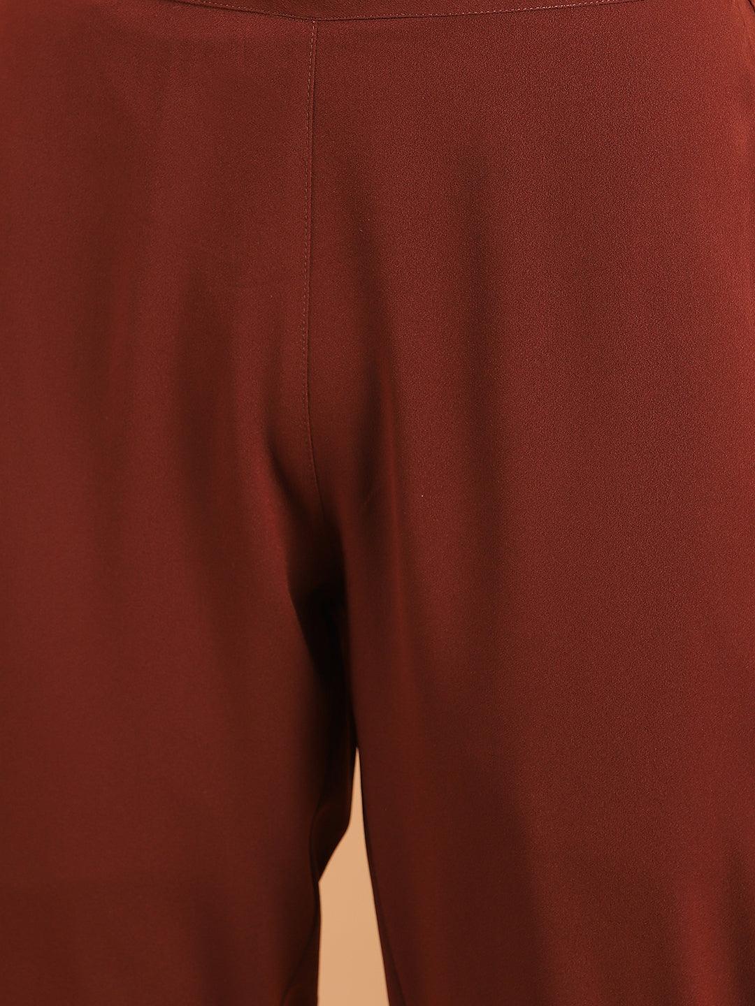 Brown Georgette Ethnic Motifs Top with Pant