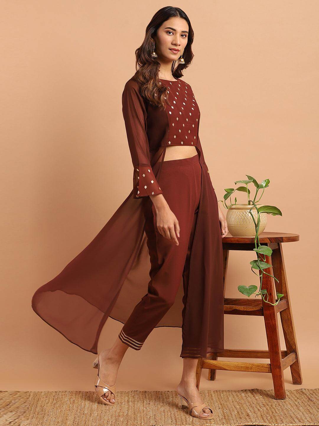 Brown Georgette Ethnic Motifs Top with Pant