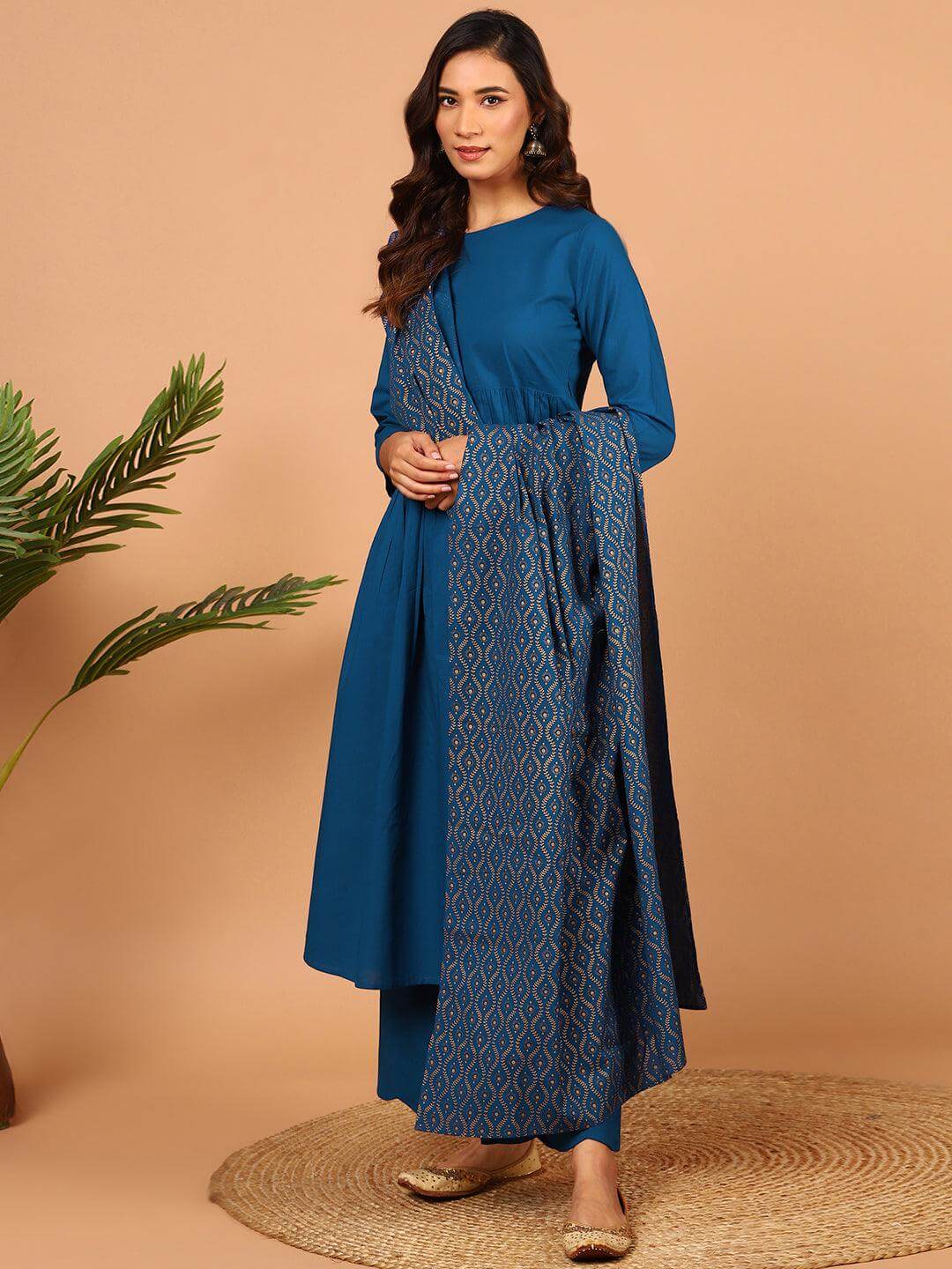 Blue Cotton Solid Kurta with Palazzo and Dupatta