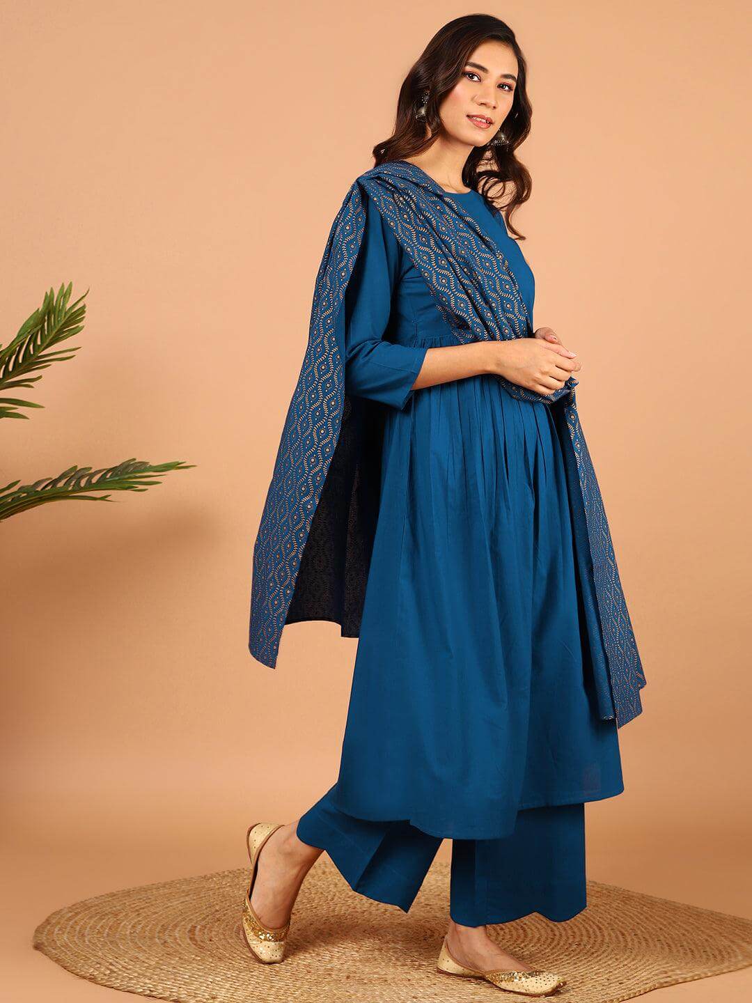 Blue Cotton Solid Kurta with Palazzo and Dupatta