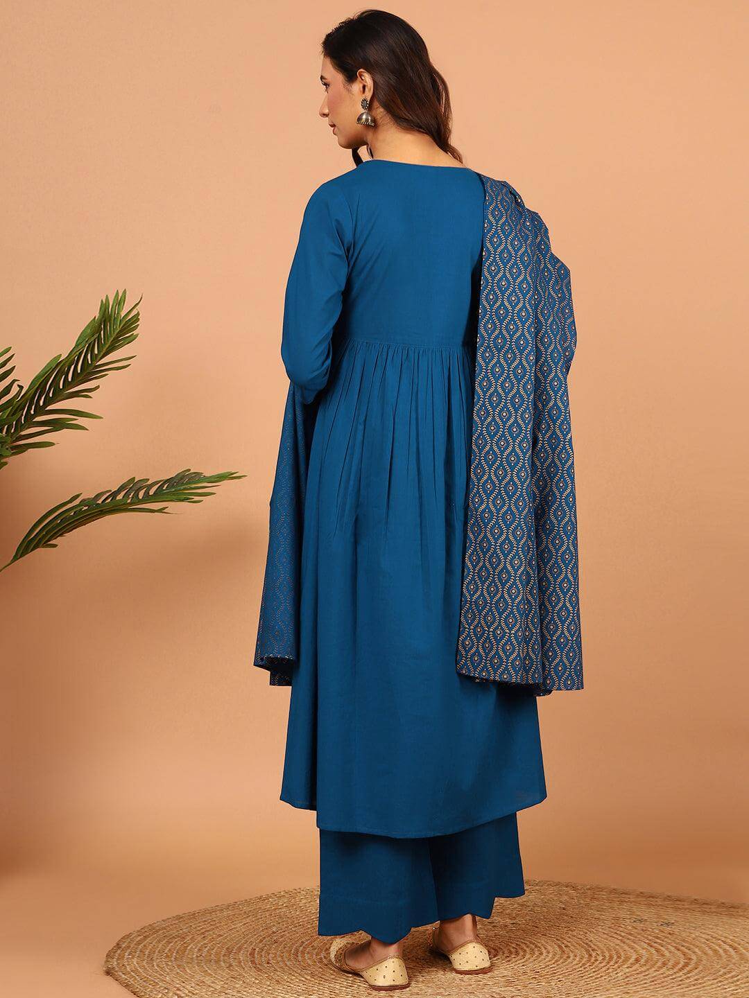 Blue Cotton Solid Kurta with Palazzo and Dupatta