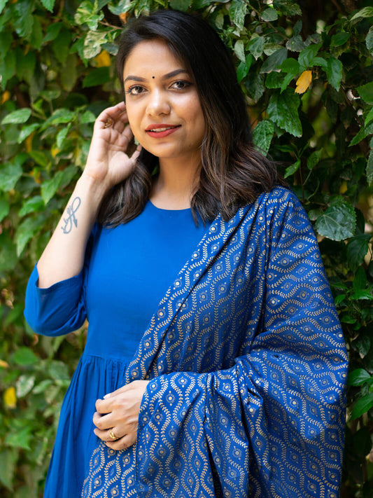 Blue Cotton Solid Kurta with Palazzo and Dupatta