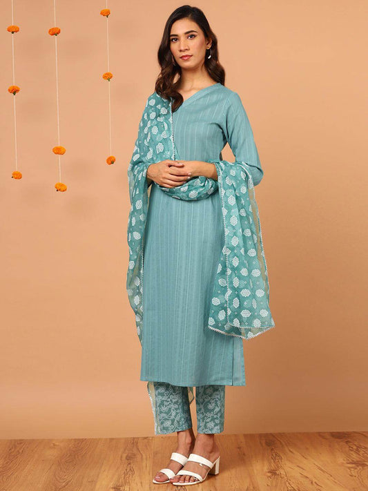 Turquoise Cotton Striped Kurta with Pant and Dupatta