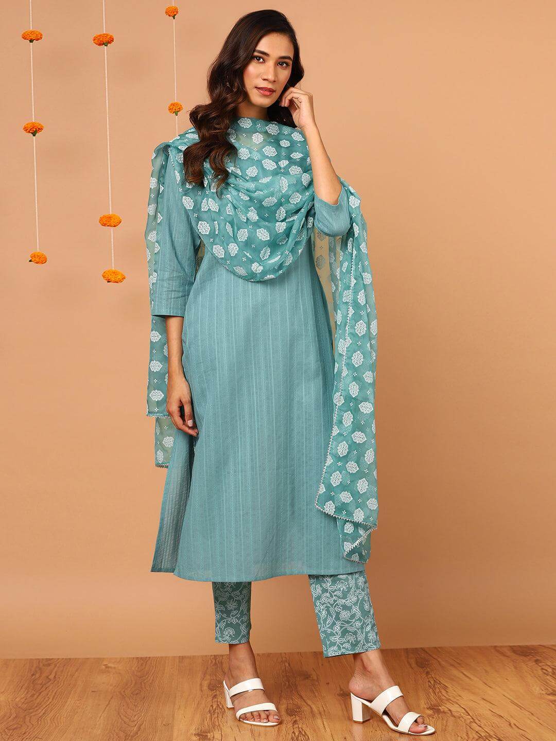 Turquoise Cotton Striped Kurta with Pant and Dupatta