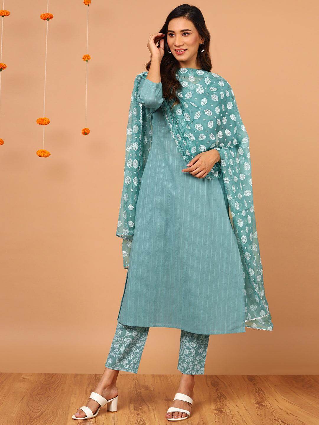 Turquoise Cotton Striped Kurta with Pant and Dupatta