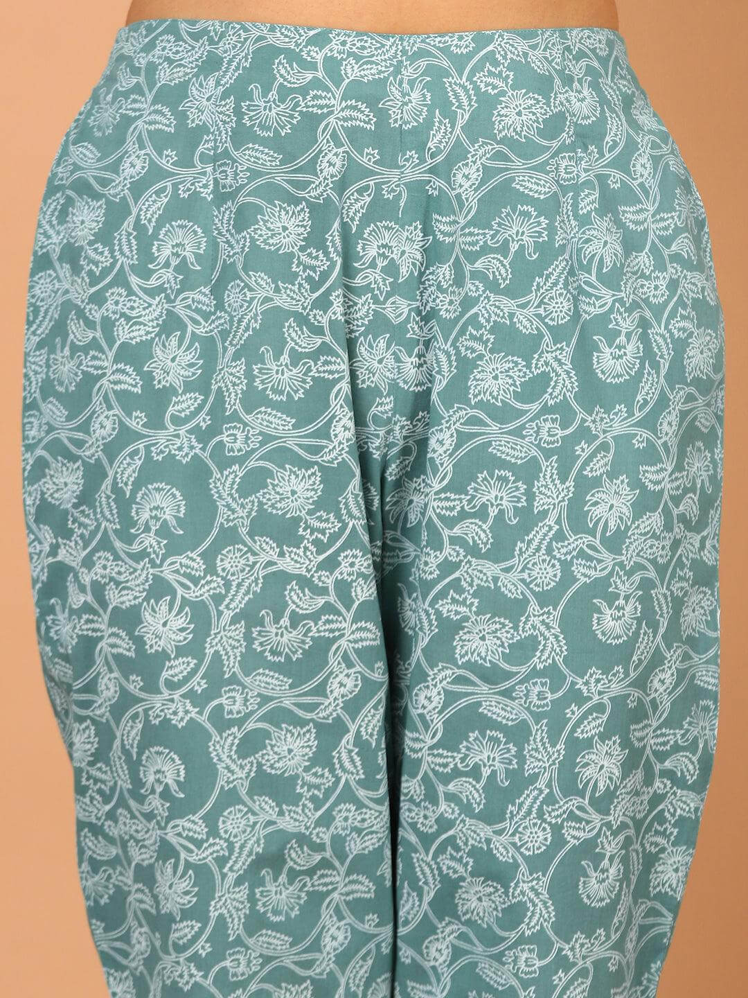 Turquoise Cotton Striped Kurta with Pant and Dupatta