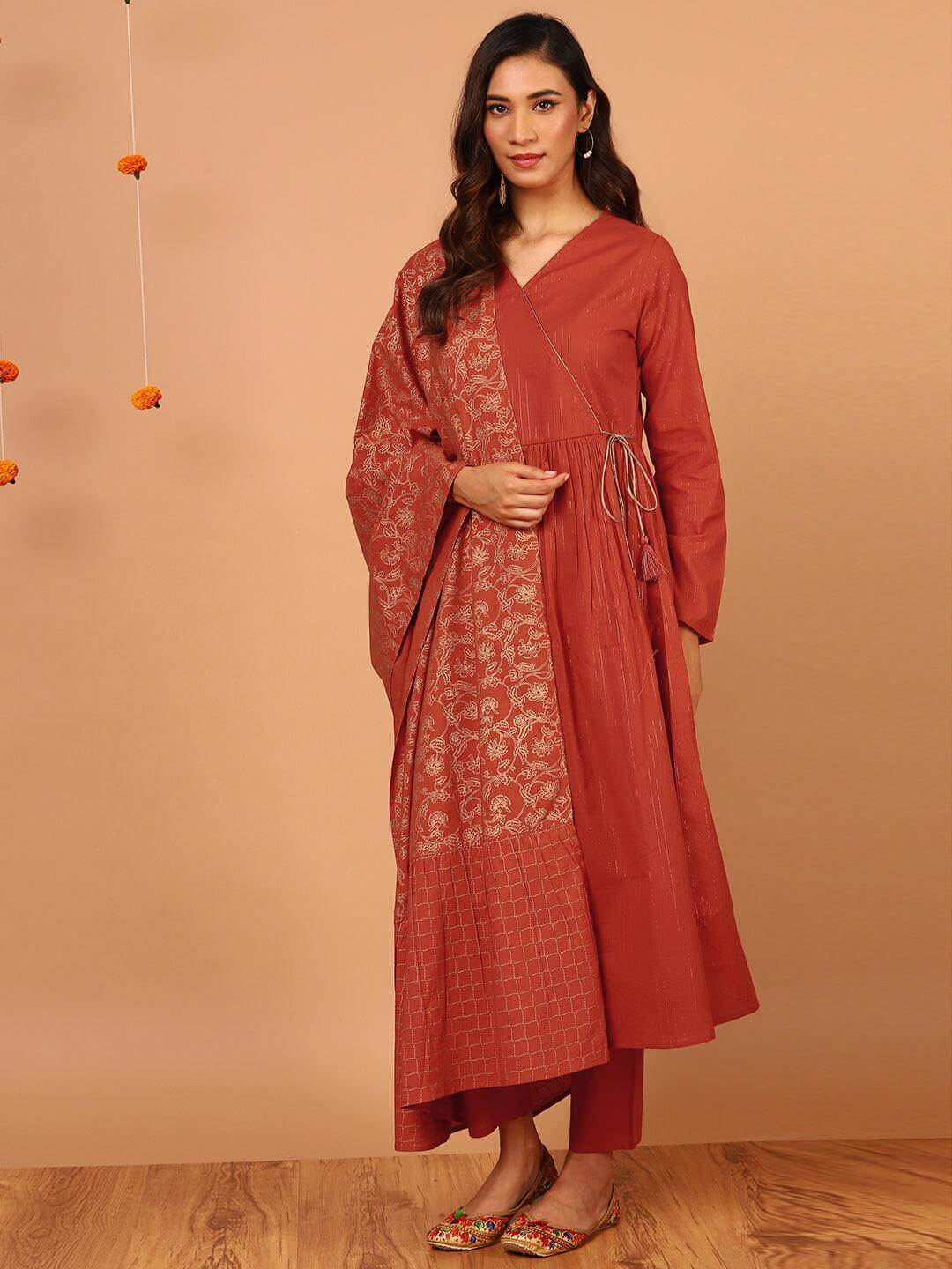Orange Cotton Striped Kurta with Pant and Dupatta