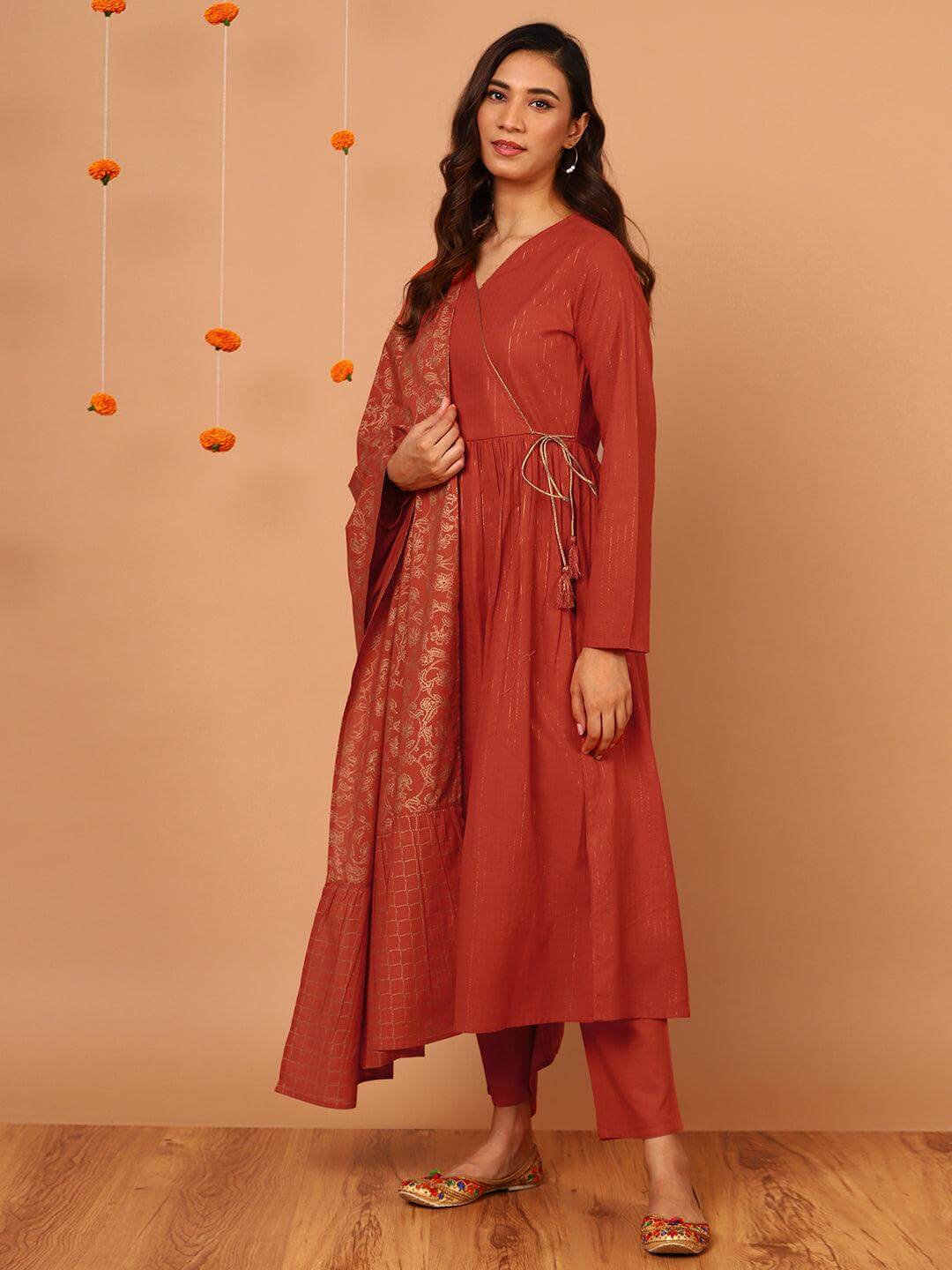 Orange Cotton Striped Kurta with Pant and Dupatta