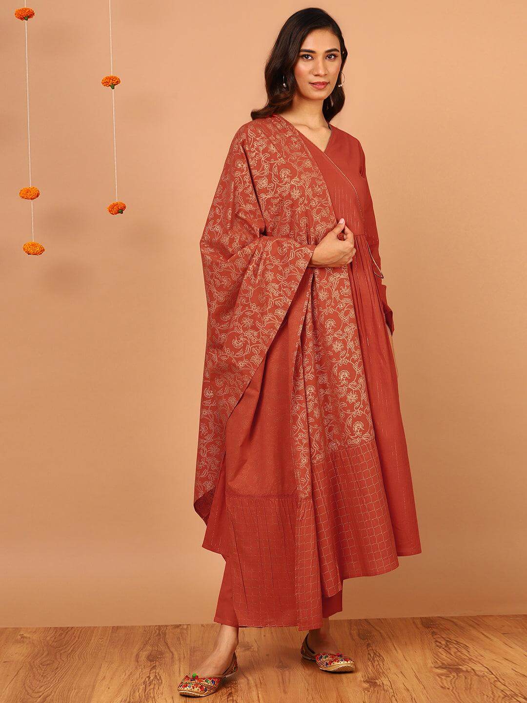 Orange Cotton Striped Kurta with Pant and Dupatta