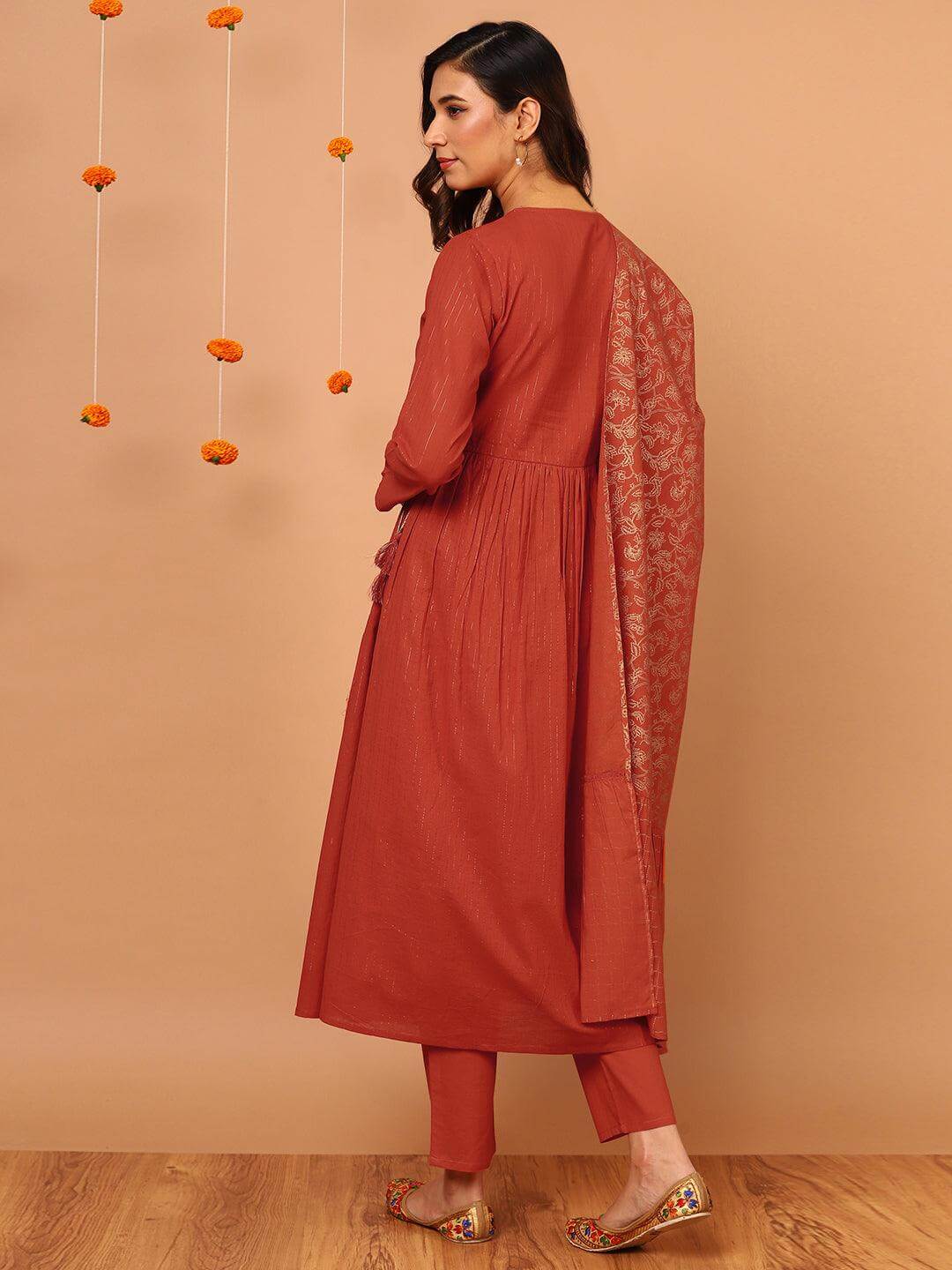 Orange Cotton Striped Kurta with Pant and Dupatta