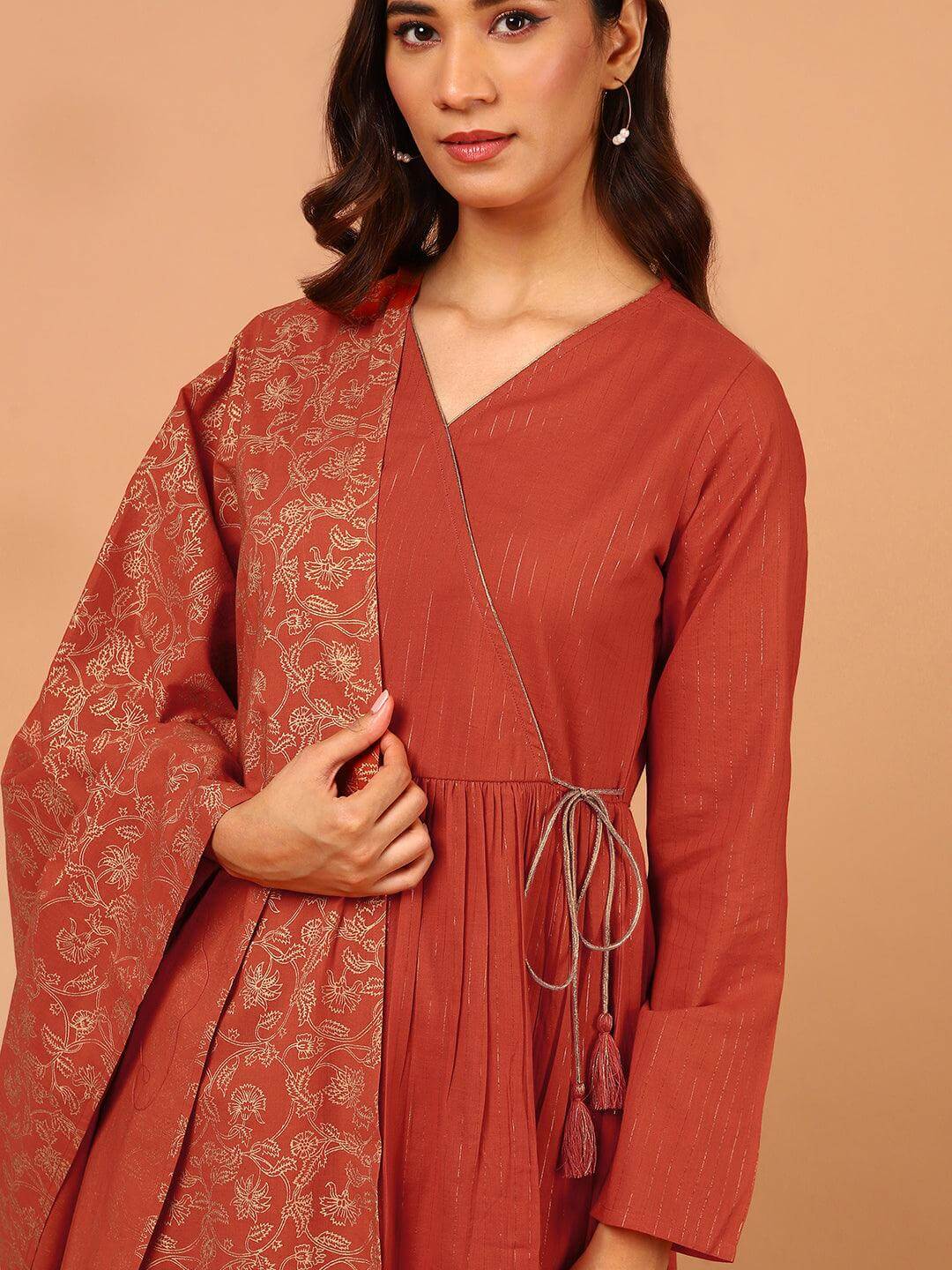 Orange Cotton Striped Kurta with Pant and Dupatta