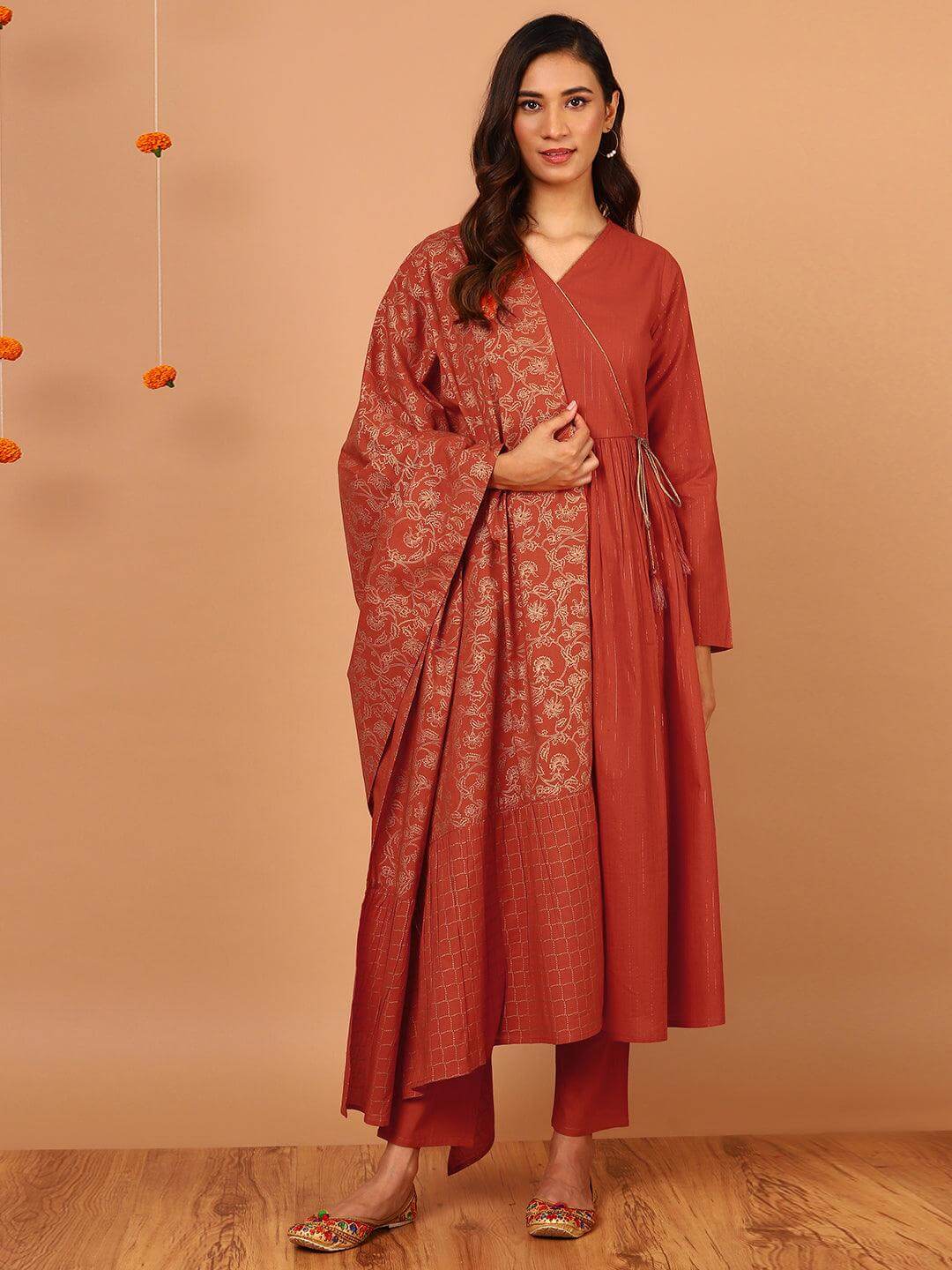 Orange Cotton Striped Kurta with Pant and Dupatta