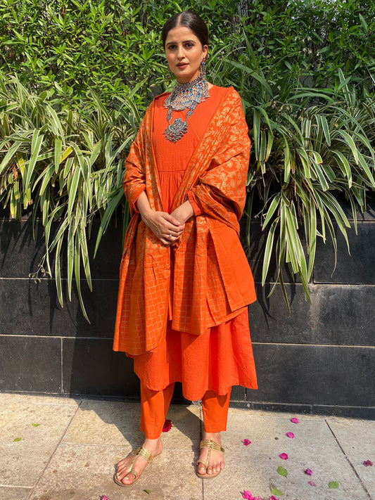 Orange Cotton Striped Kurta with Pant and Dupatta