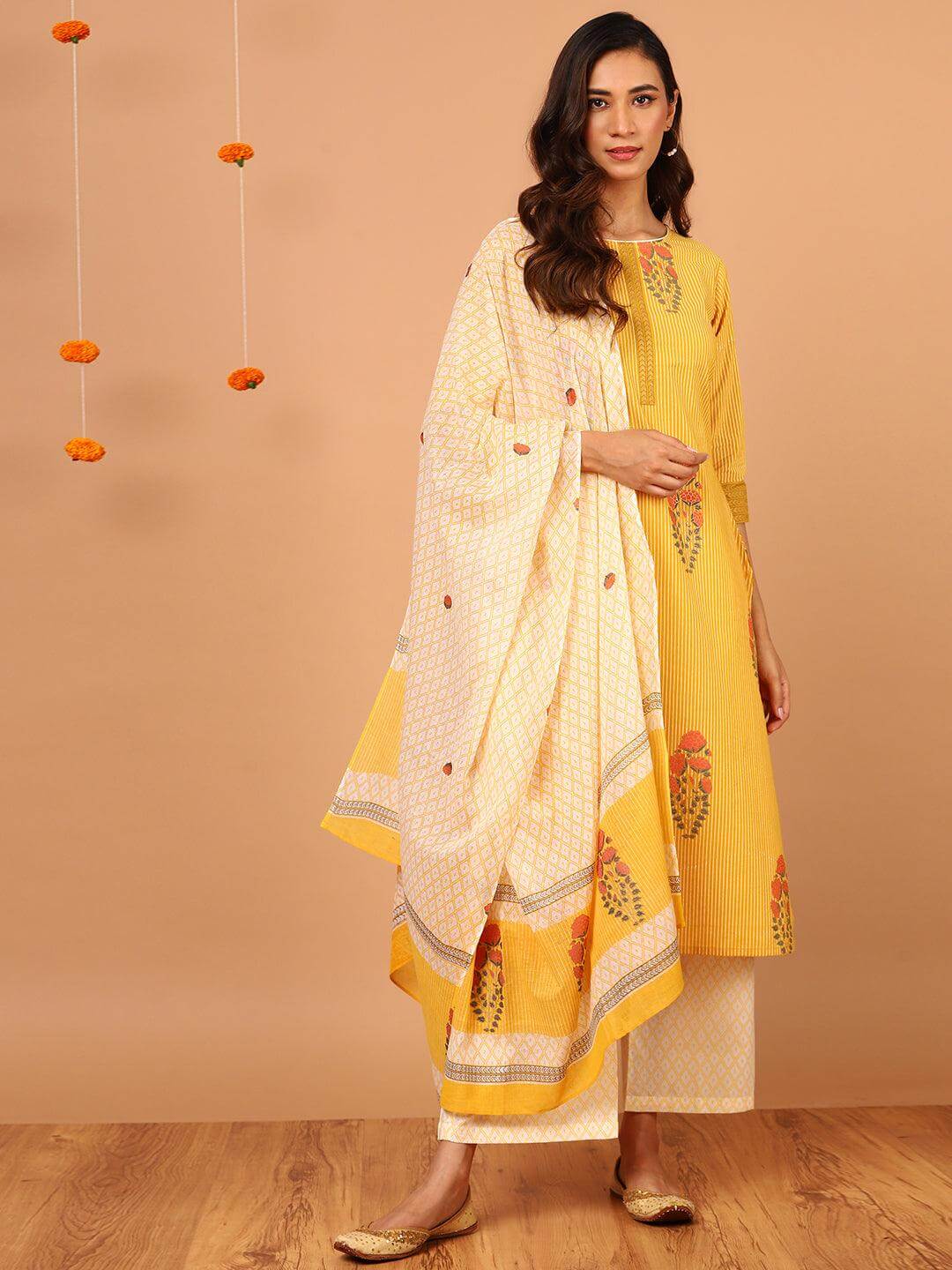 Yellow Cotton Striped Kurta with Palazzo and Dupatta