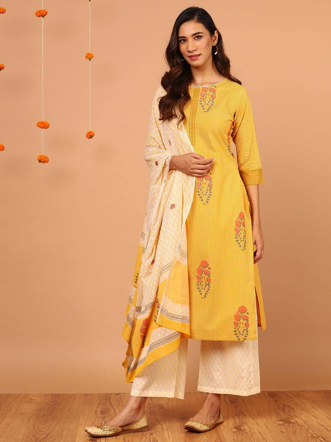 Yellow Cotton Striped Kurta with Palazzo and Dupatta