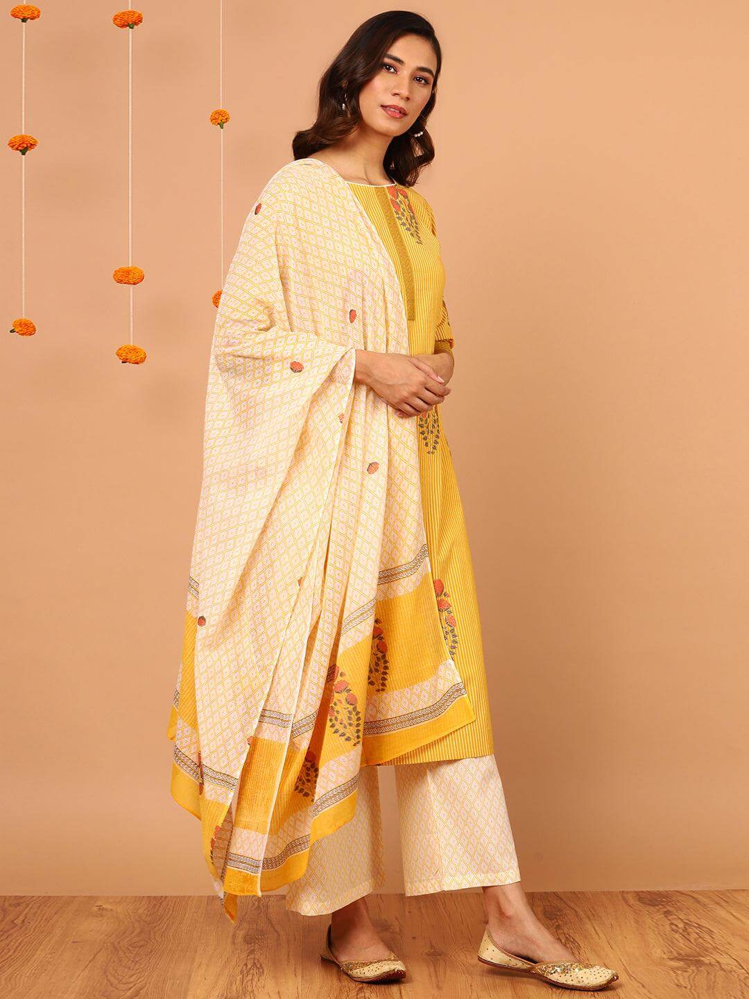 Yellow Cotton Striped Kurta with Palazzo and Dupatta