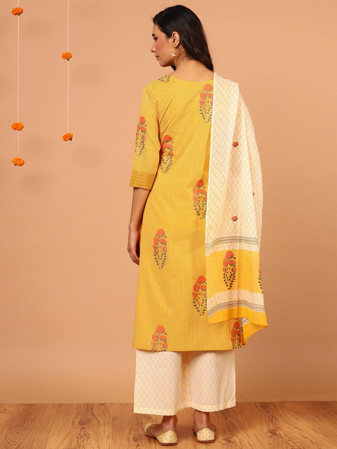 Yellow Cotton Striped Kurta with Palazzo and Dupatta