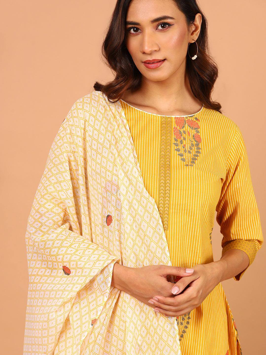 Yellow Cotton Striped Kurta with Palazzo and Dupatta