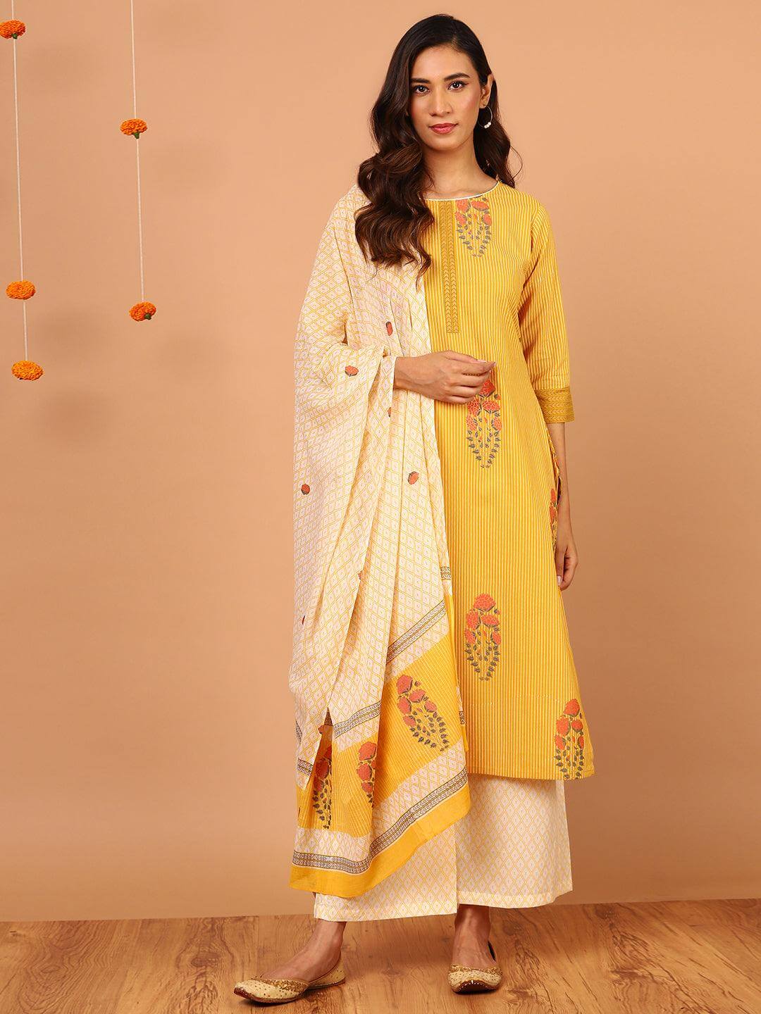 Yellow Cotton Striped Kurta with Palazzo and Dupatta