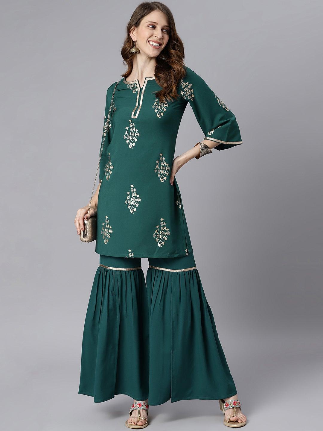 Teal Green Poly Crepe Kurti With Sharara