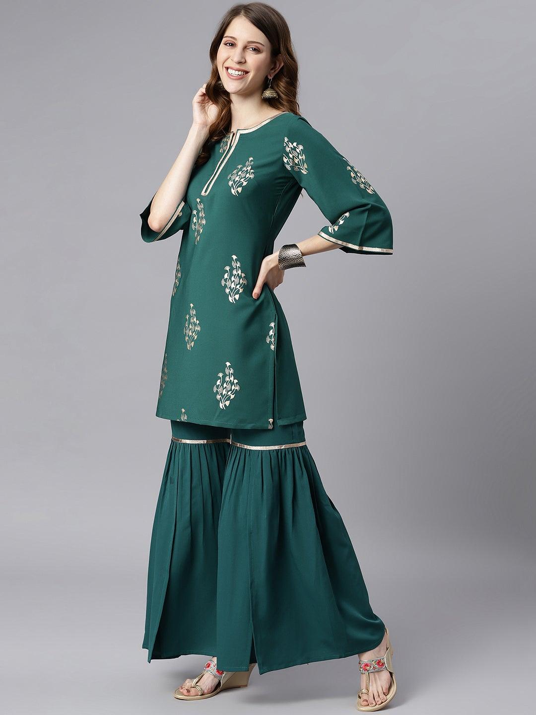Teal Green Poly Crepe Kurti With Sharara