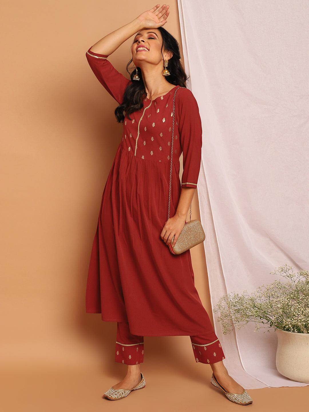 Maroon Poly Crepe Ethnic Motifs Kurta with Pant