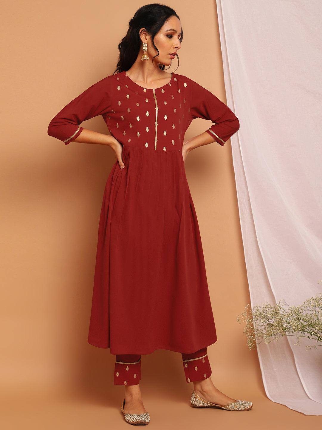 Maroon Poly Crepe Ethnic Motifs Kurta with Pant