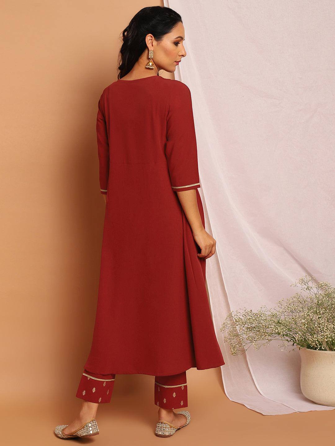 Maroon Poly Crepe Ethnic Motifs Kurta with Pant
