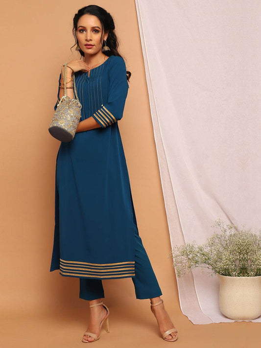 Teal Poly Crepe Embellished Kurta with Pant