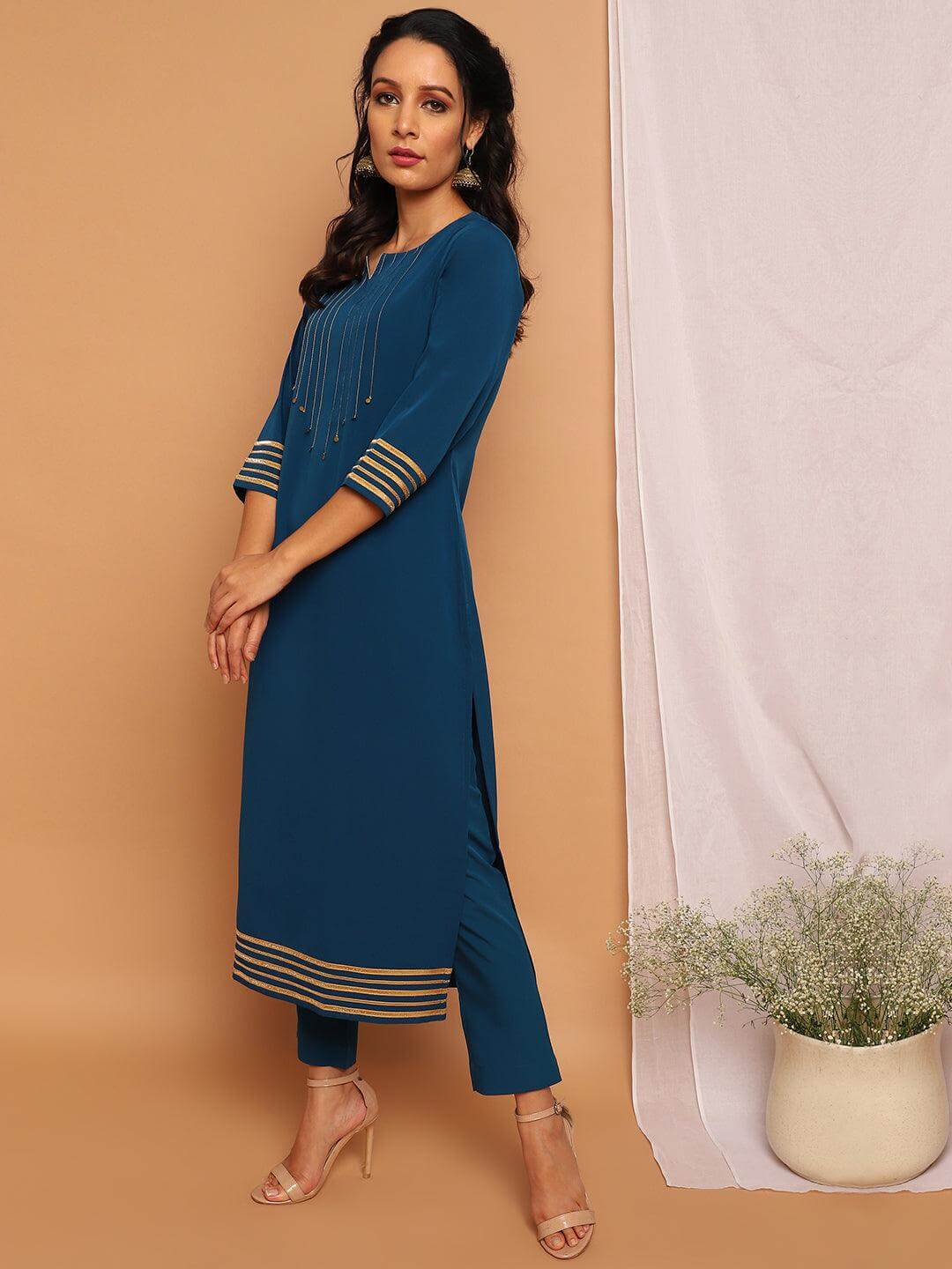 Teal Poly Crepe Embellished Kurta with Pant