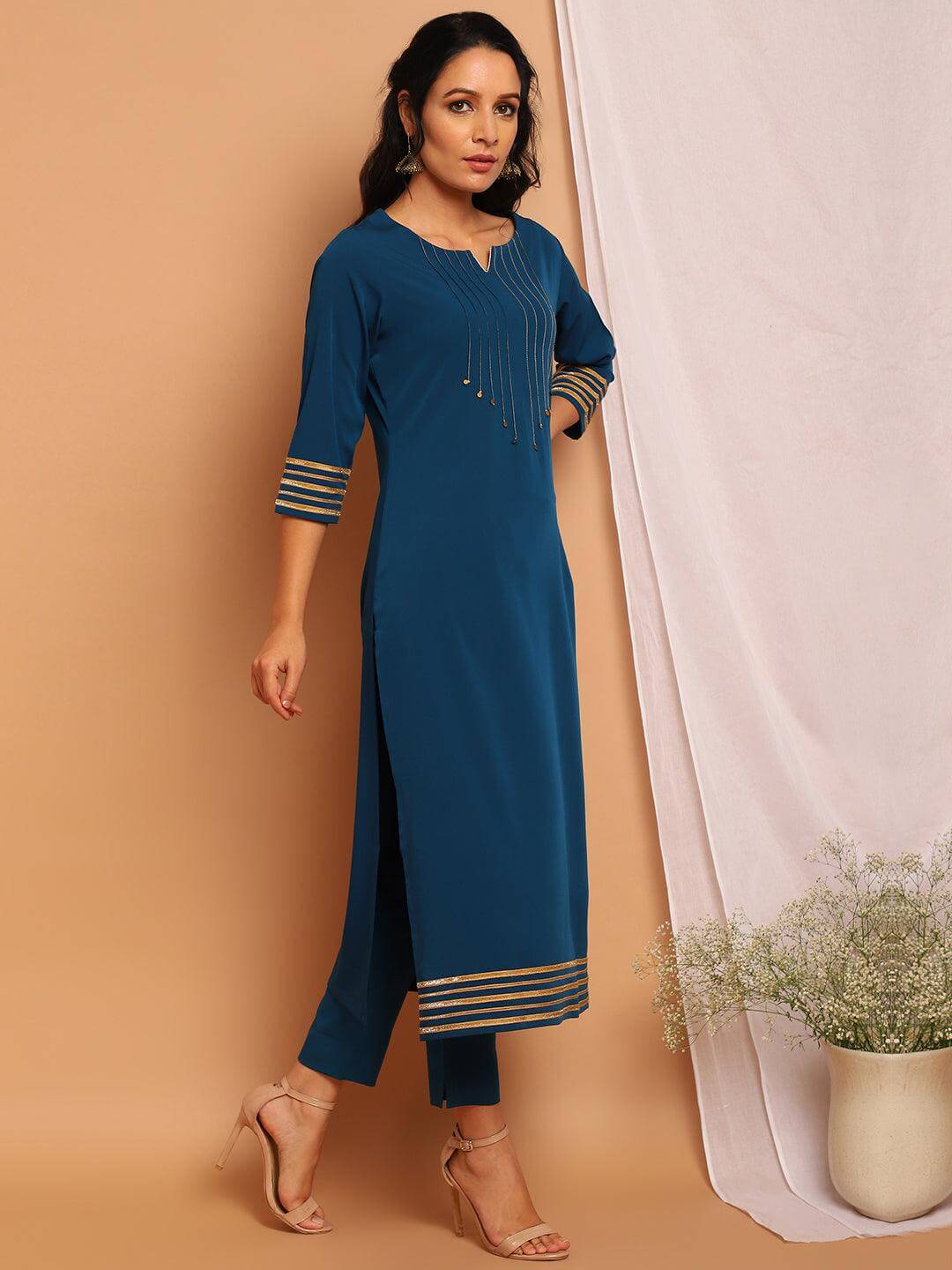 Teal Poly Crepe Embellished Kurta with Pant