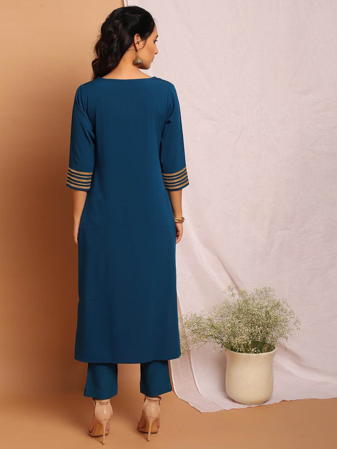 Teal Poly Crepe Embellished Kurta with Pant