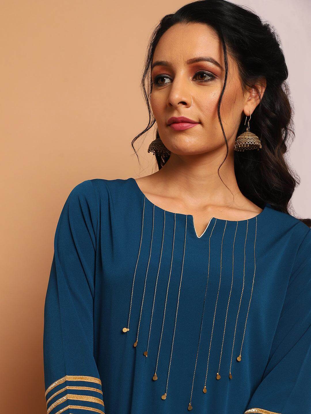 Teal Poly Crepe Embellished Kurta with Pant