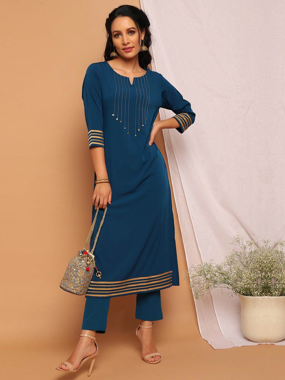 Teal Poly Crepe Embellished Kurta with Pant