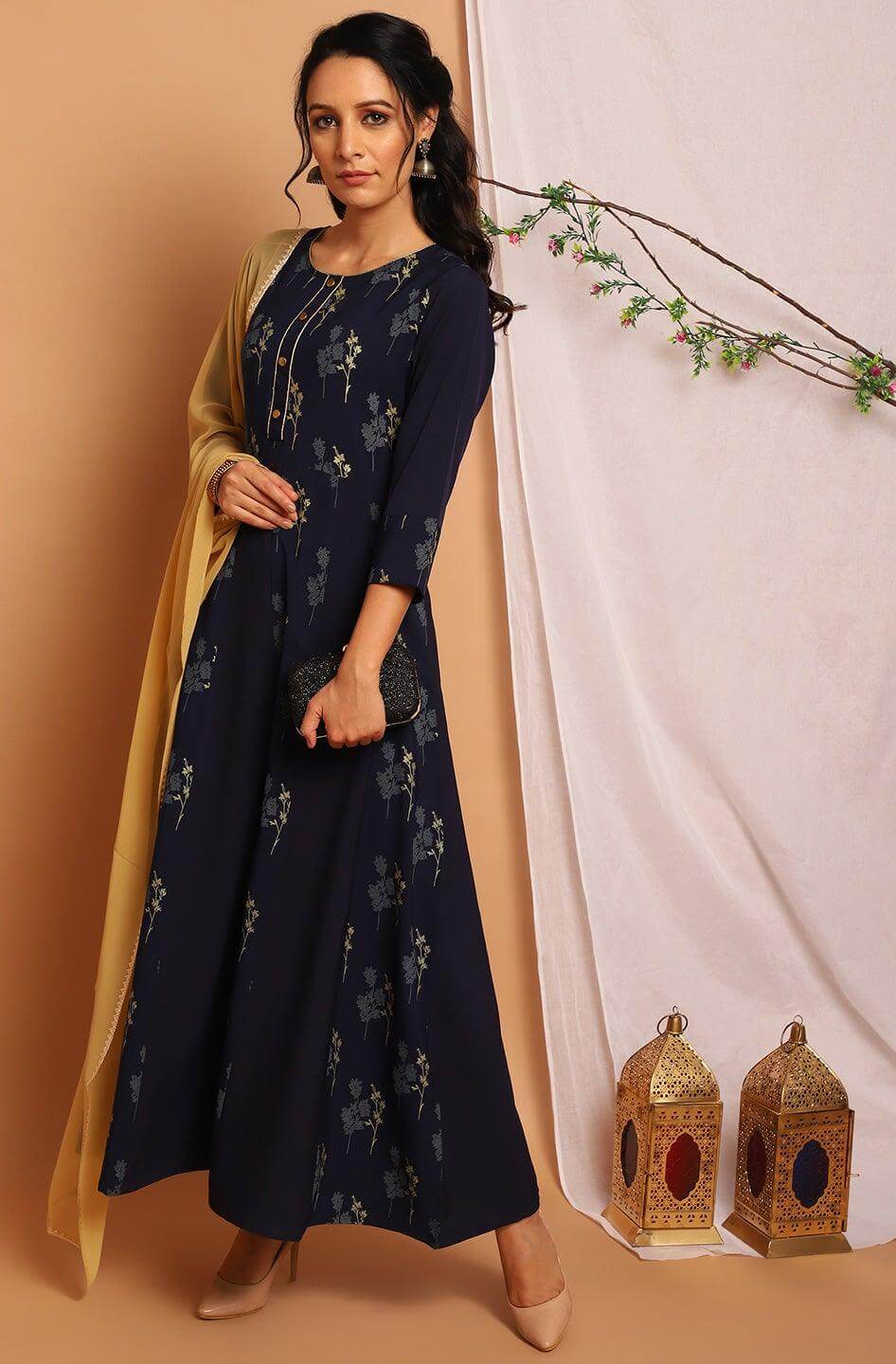 Navy Blue Poly Crepe Floral Print Kurta with Dupatta