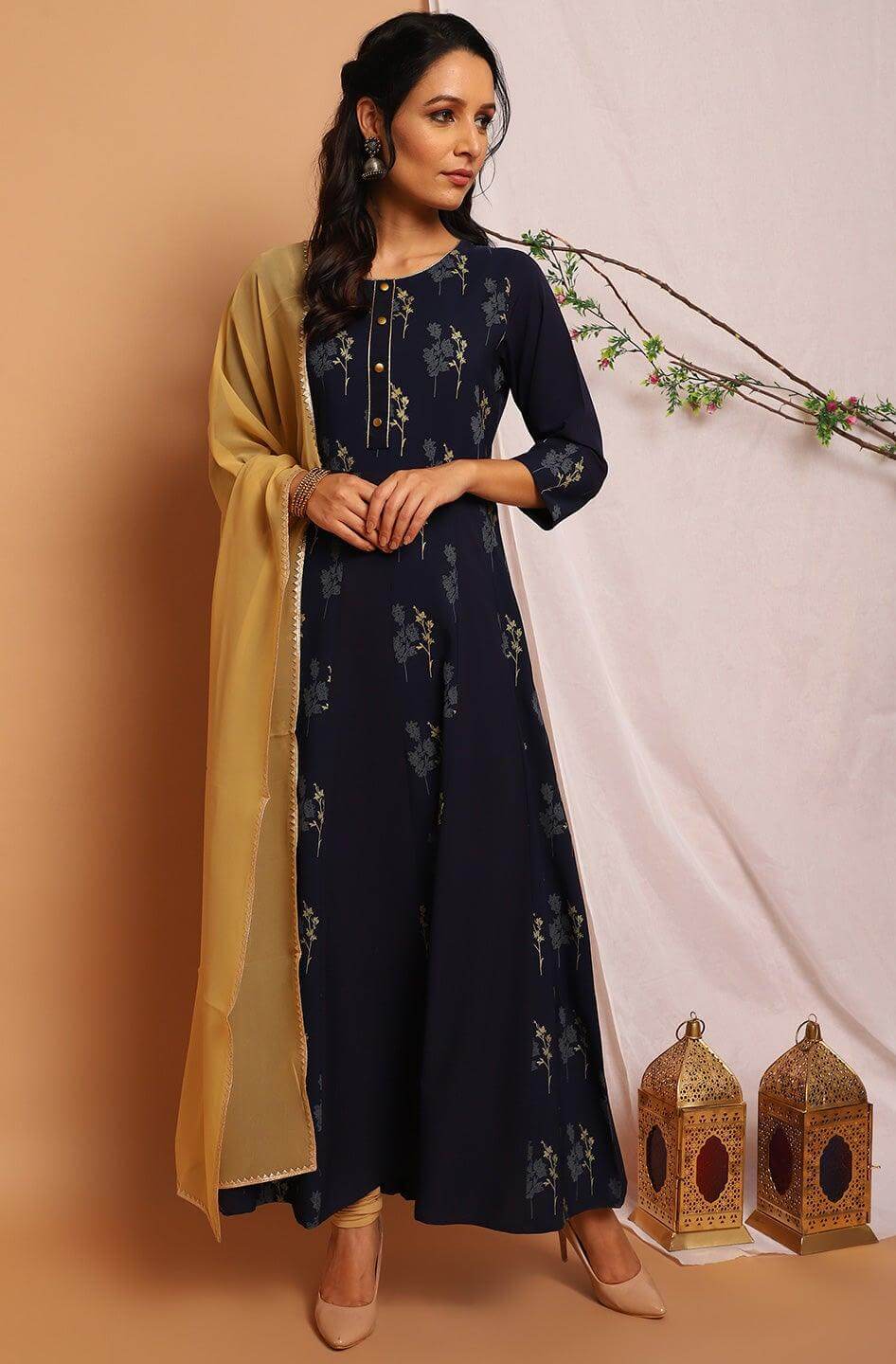 Navy Blue Poly Crepe Floral Print Kurta with Dupatta