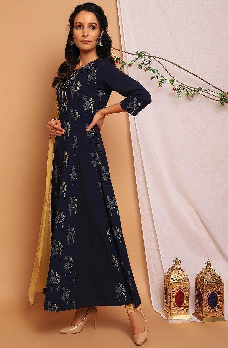 Navy Blue Poly Crepe Floral Print Kurta with Dupatta