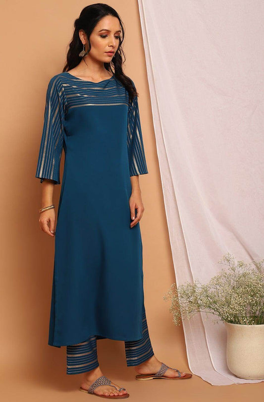 Teal Poly Crepe Striped Kurta with Palazzo